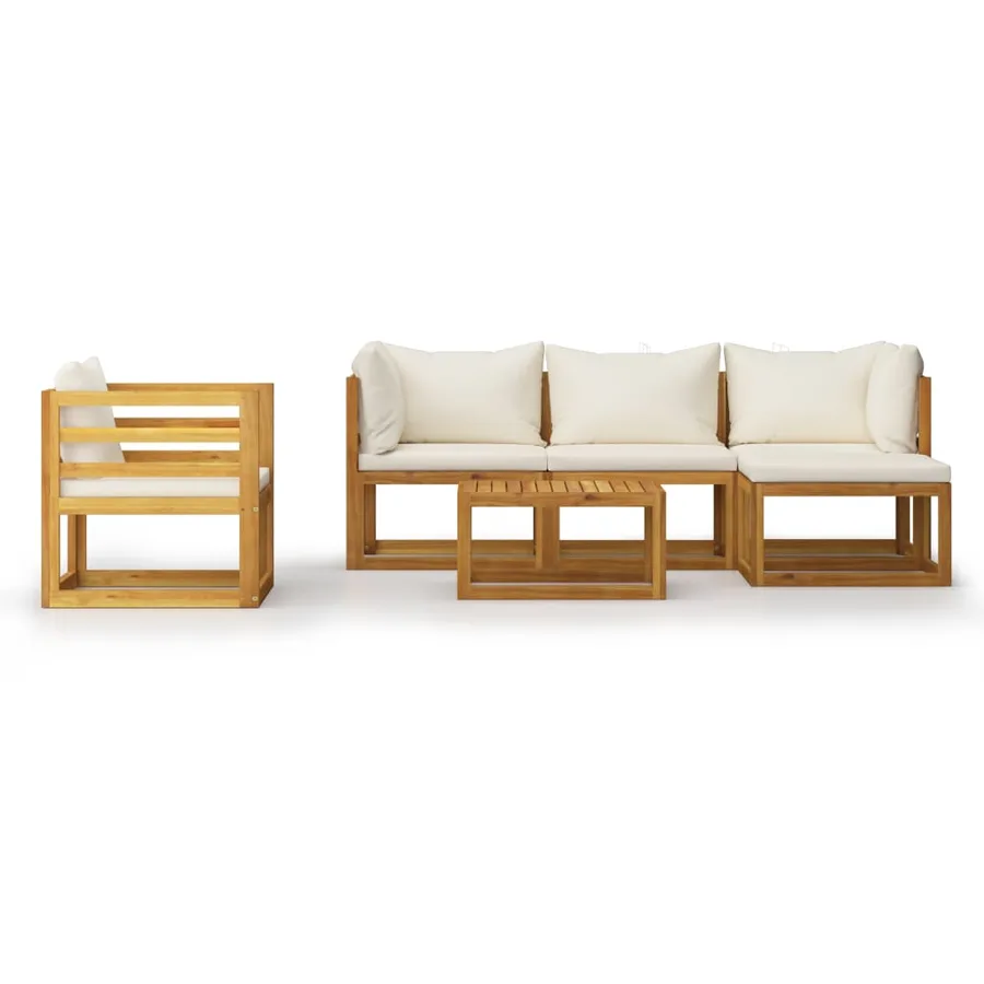 Salon de jardin 6 pcs avec coussin Crème Bois d'acacia solide - 3