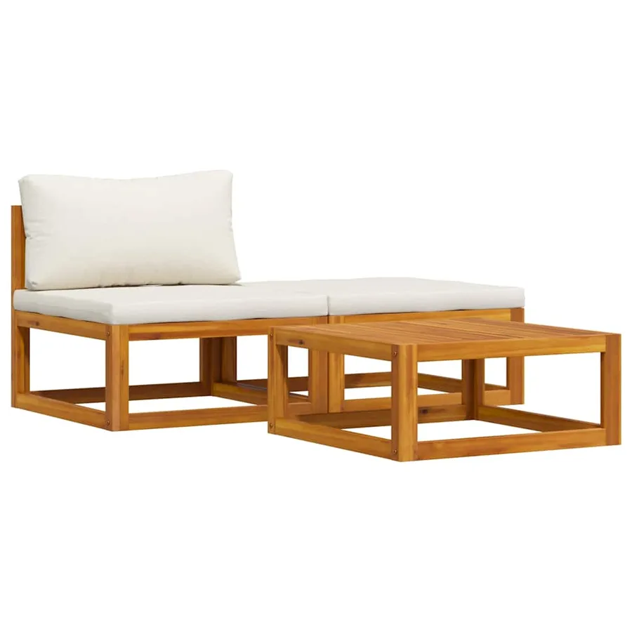Salon de jardin 3 pcs avec coussins crème Bois d'acacia solide - 4