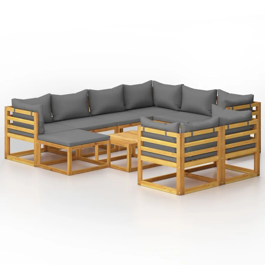 Salon de jardin 10 pcs avec coussin Bois d'acacia solide - 2
