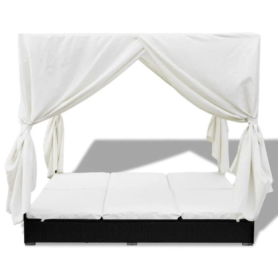 Chaise longue d'extérieur avec rideaux Résine tressée Noir - 3