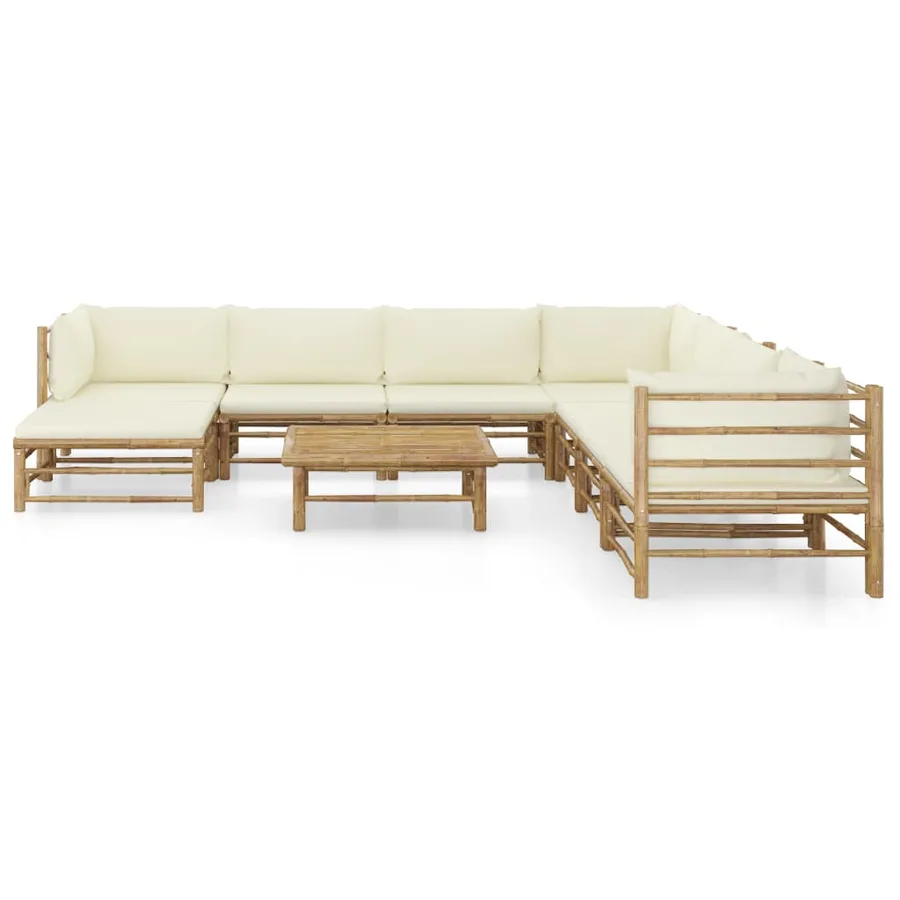 Salon de jardin 9 pcs avec coussins blanc crème bambou - 2
