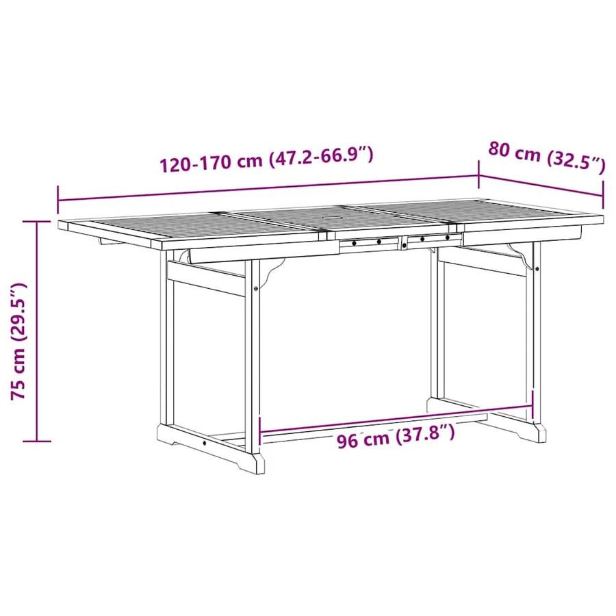 Table à dîner de jardin (120-170)x80x75 cm Bois d'acacia massif - 8