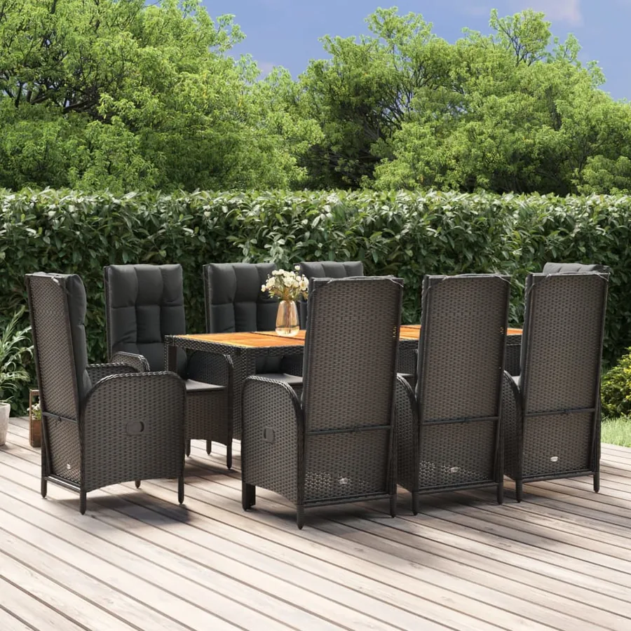 Ensemble à manger jardin 9pcs et coussins noir résine tressée