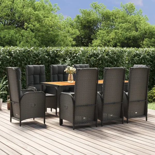 Ensemble à manger jardin 9pcs et coussins noir résine tressée