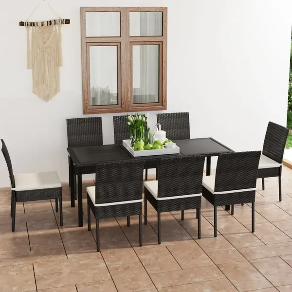 Ensemble à manger de jardin 9 pcs Résine tressée Noir