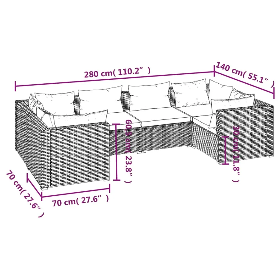 Salon de jardin 6 pcs avec coussins Résine tressée Marron - 7
