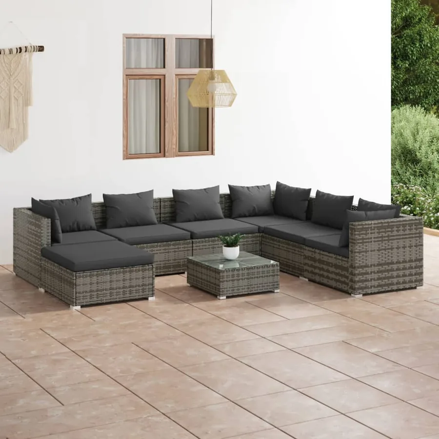 Salon de jardin 8 pcs avec coussins Résine tressée Gris