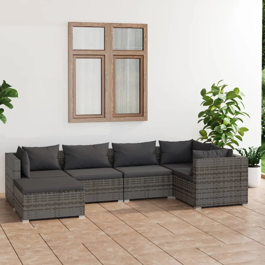 Salon de jardin 6 pcs avec coussins Résine tressée Gris