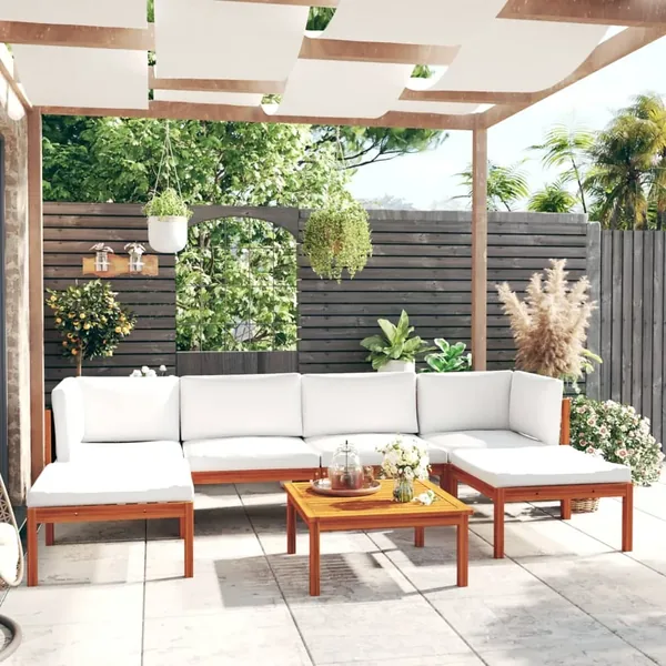Salon de jardin 7 pièces avec coussins, bois d'acacia crème et corde