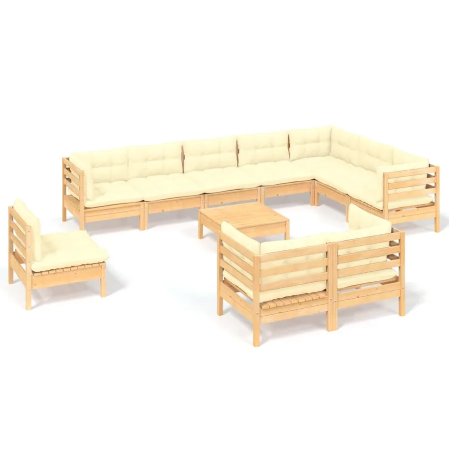 Salon de jardin 11 pcs avec coussins crème Bois de pin solide - 2