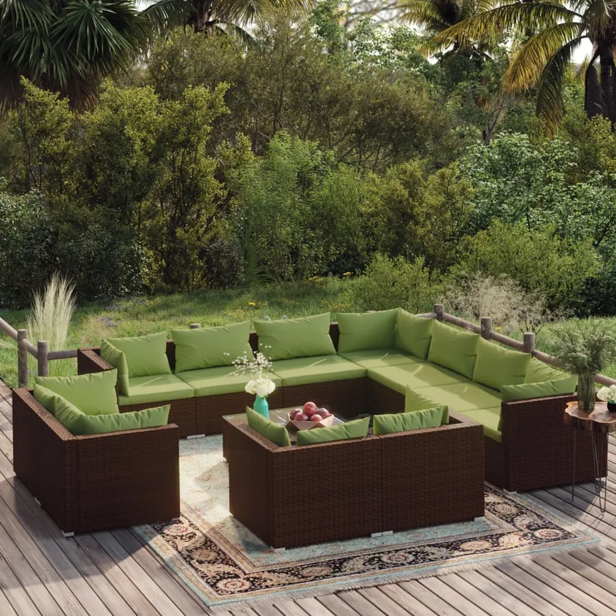 Salon de jardin 12 pcs avec coussins Marron Résine tressée