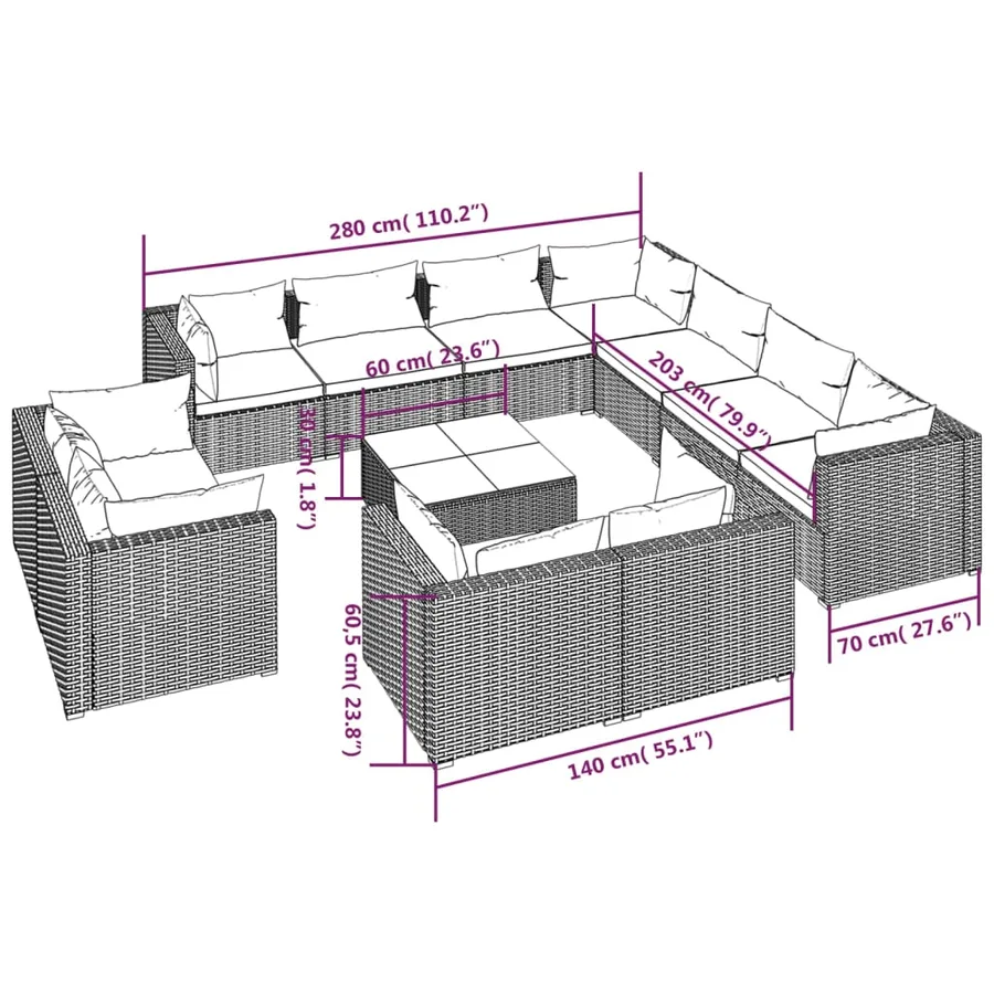 Salon de jardin 12 pcs avec coussins Marron Résine tressée - 9