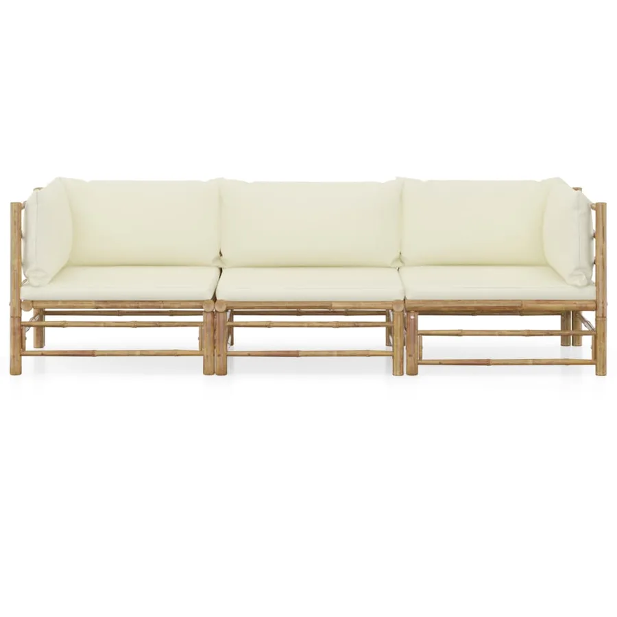 Salon de jardin 3 pcs avec coussins blanc crème bambou - 2