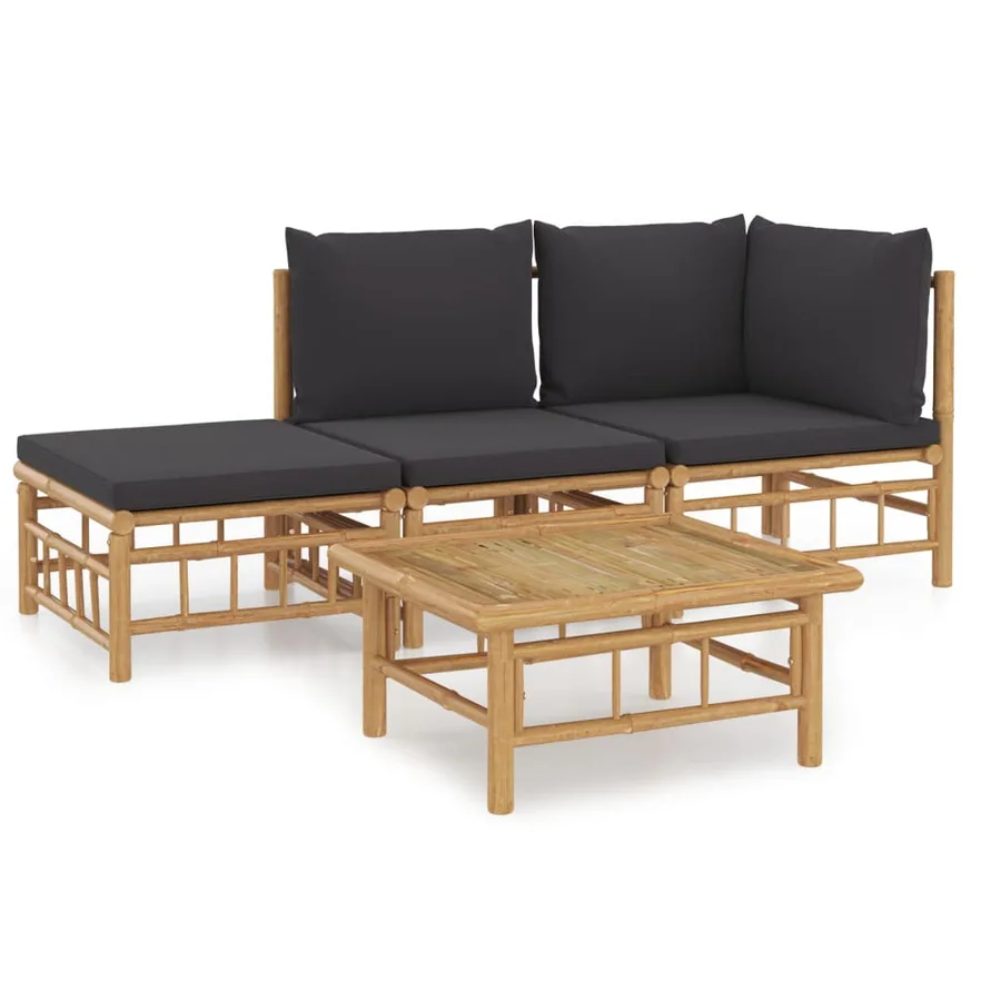 Salon de jardin 4 pcs avec coussins gris foncé bambou - 2