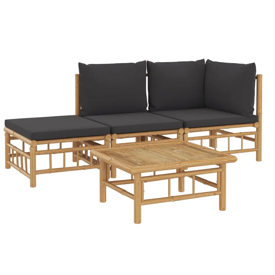 Salon de jardin 4 pcs avec coussins gris foncé bambou - 3