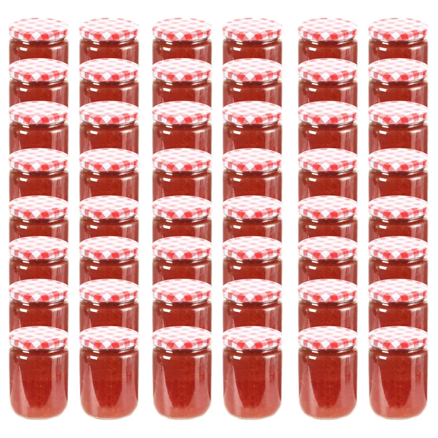 48 pcs Pots à confiture Couvercle blanc et rouge Verre 230 ml