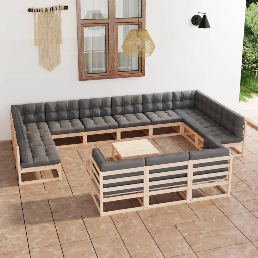Salon de jardin 14 pcs avec coussins Bois de pin massif