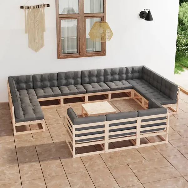 Salon de jardin 14 pcs avec coussins Bois de pin massif