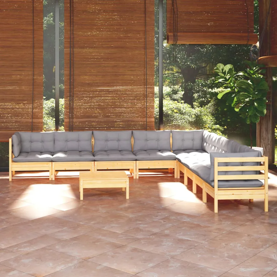 Salon de jardin 10 pcs avec coussins gris bois de pin massif