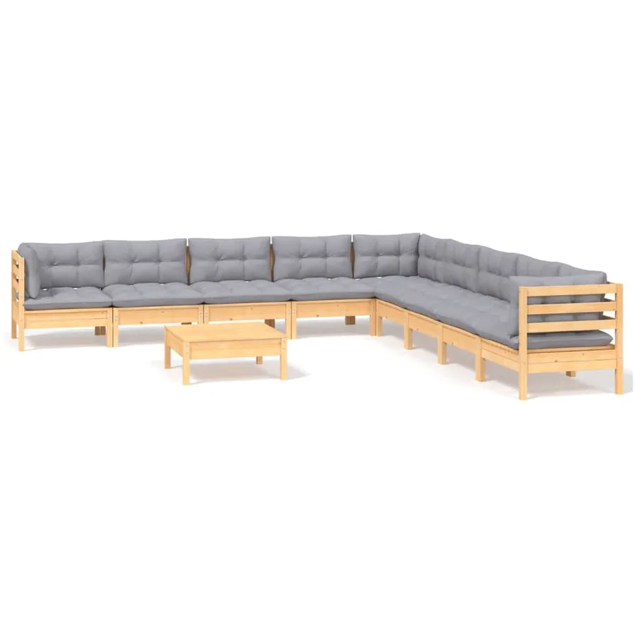 Salon de jardin 10 pcs avec coussins gris bois de pin massif - 2