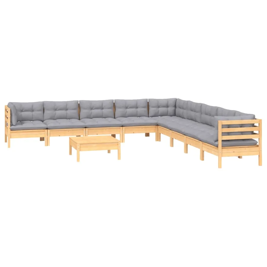 Salon de jardin 10 pcs avec coussins gris bois de pin massif - 3