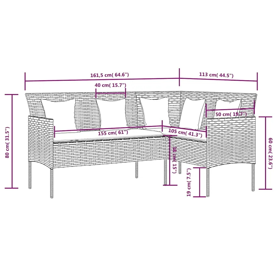 Ensemble de canapés en L 5pcs avec coussins résine tressée gris - 11