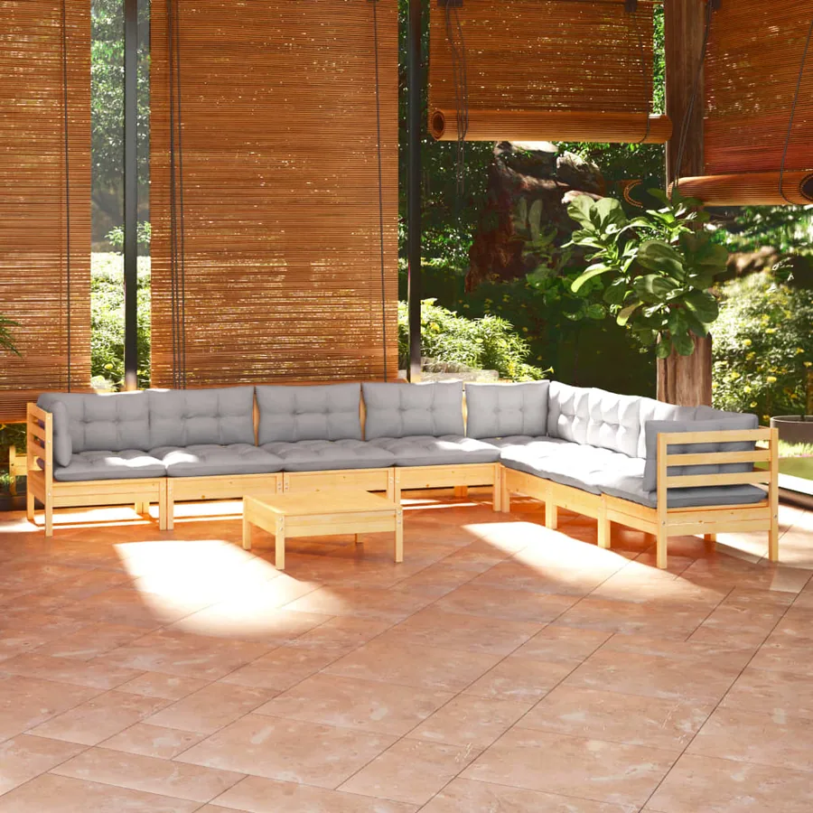Salon de jardin 9 pcs avec coussins gris bois de pin massif