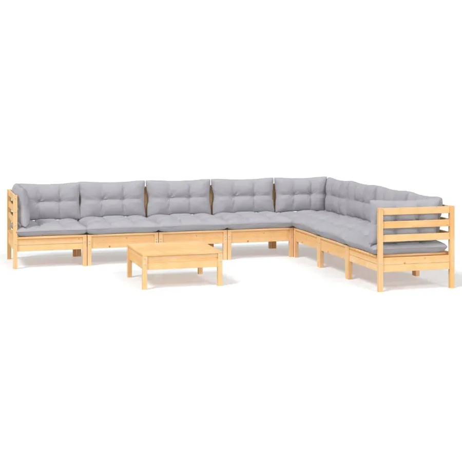 Salon de jardin 9 pcs avec coussins gris bois de pin massif - 2