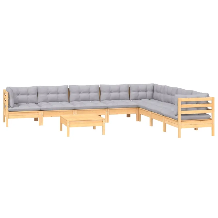Salon de jardin 9 pcs avec coussins gris bois de pin massif - 3