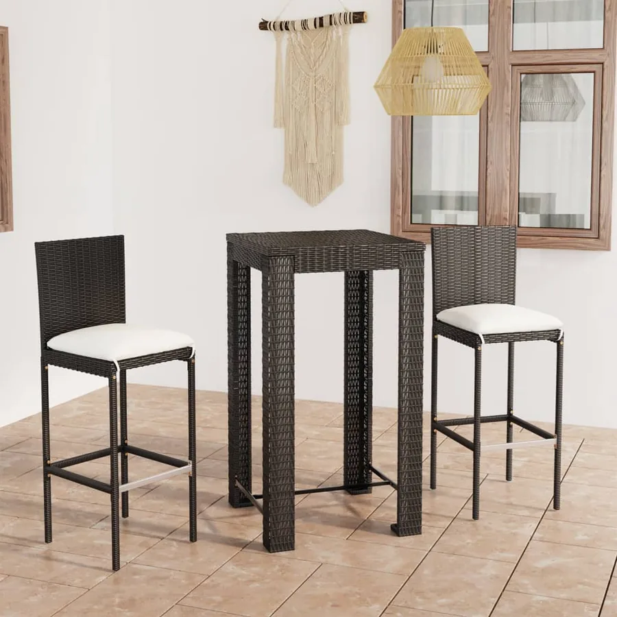 Ensemble de bar d'extérieur 3 pcs coussins Résine tressée Noir