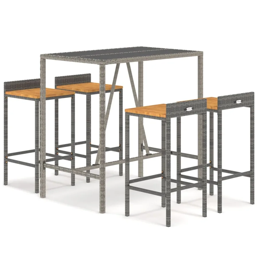 Ensemble de bar jardin 5 pcs gris poly rotin/bois massif acacia - 2