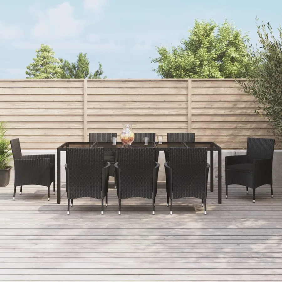 Ensemble à manger jardin 9pcs et coussins noir résine tressée