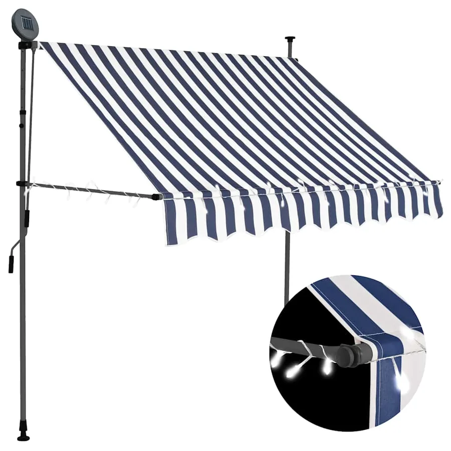 Auvent manuel rétractable avec LED 200 cm Bleu et blanc