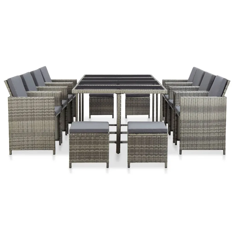 Ensemble à manger d'extérieur 13pcs et coussins poly rotin Gris - 2