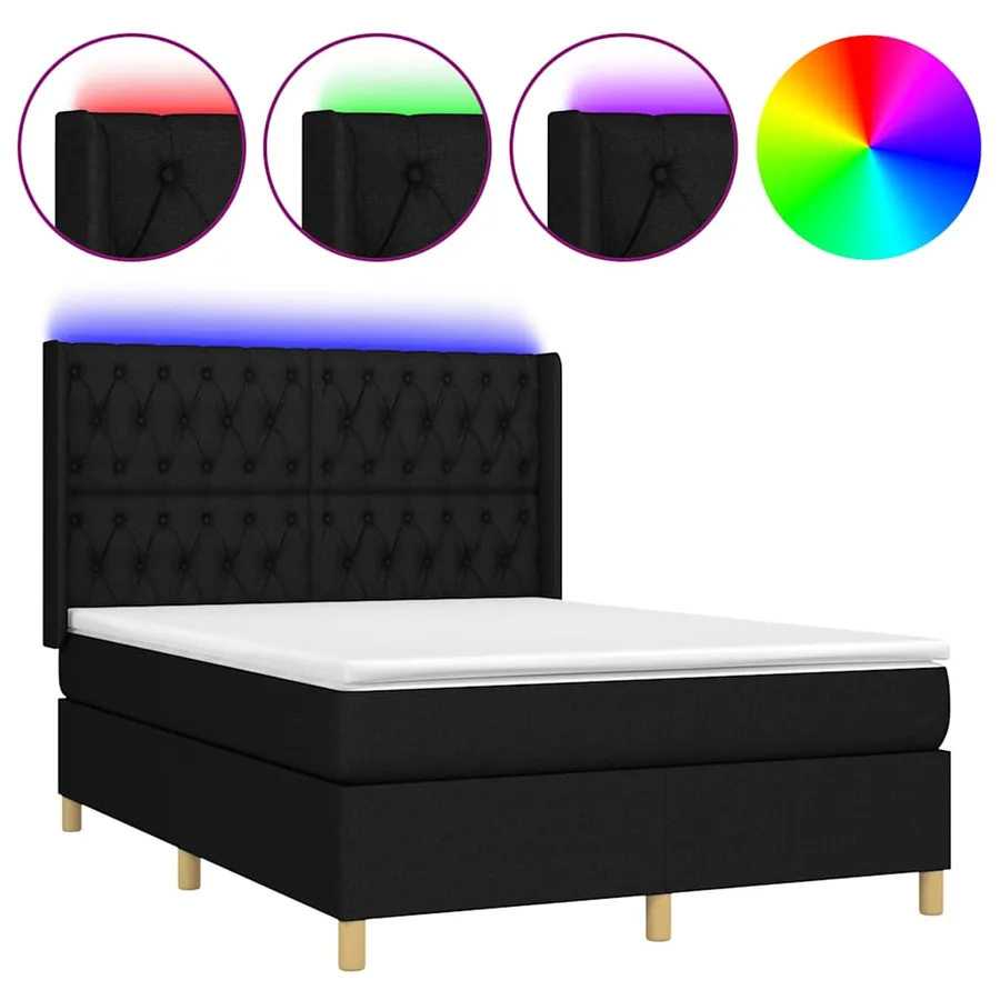 Sommier à lattes de lit matelas et LED Noir 140x190 cm Tissu - 2