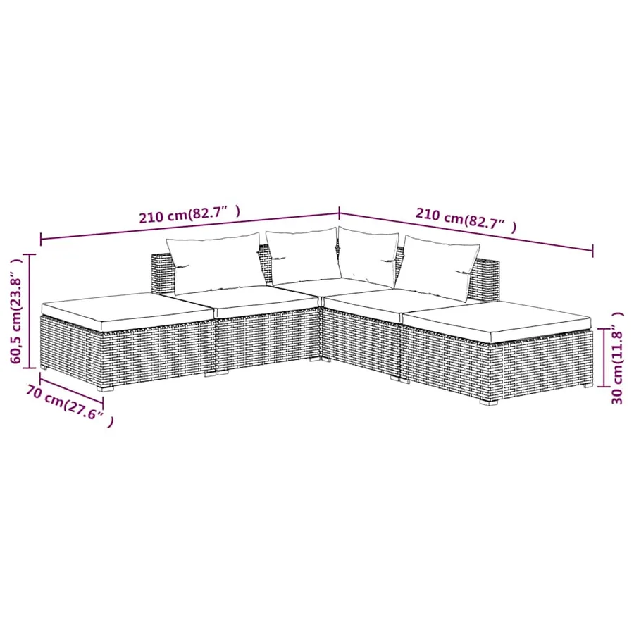 Salon de jardin 5 pcs avec coussins résine tressée marron - 6