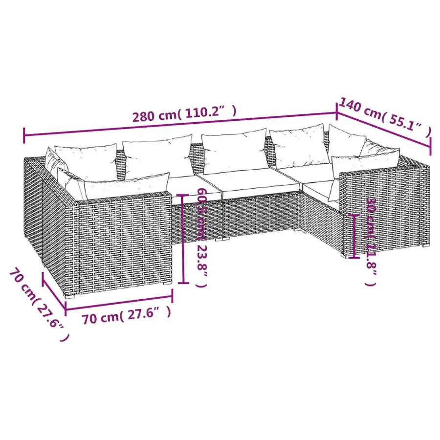 Salon de jardin 6 pcs avec coussins résine tressée gris - 7