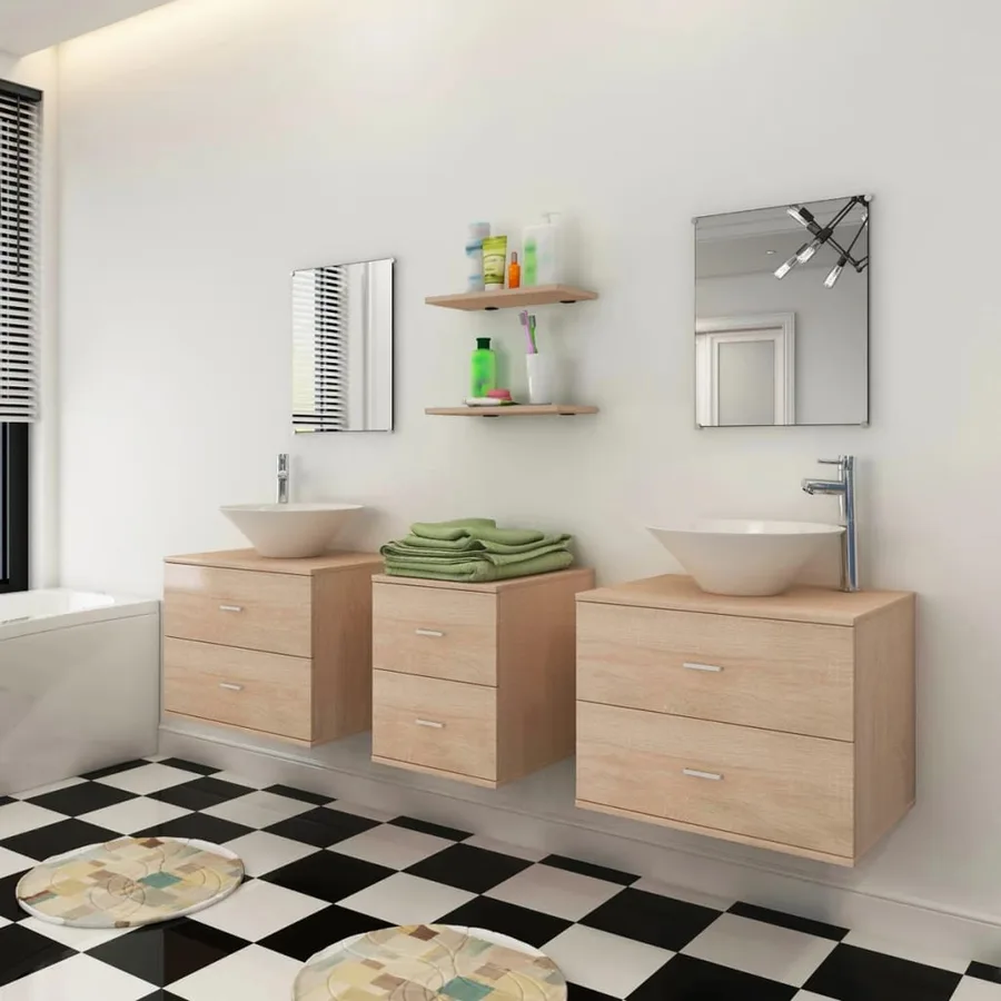 Mobilier de salle de bain avec lavabo 7 pcs Beige - 3