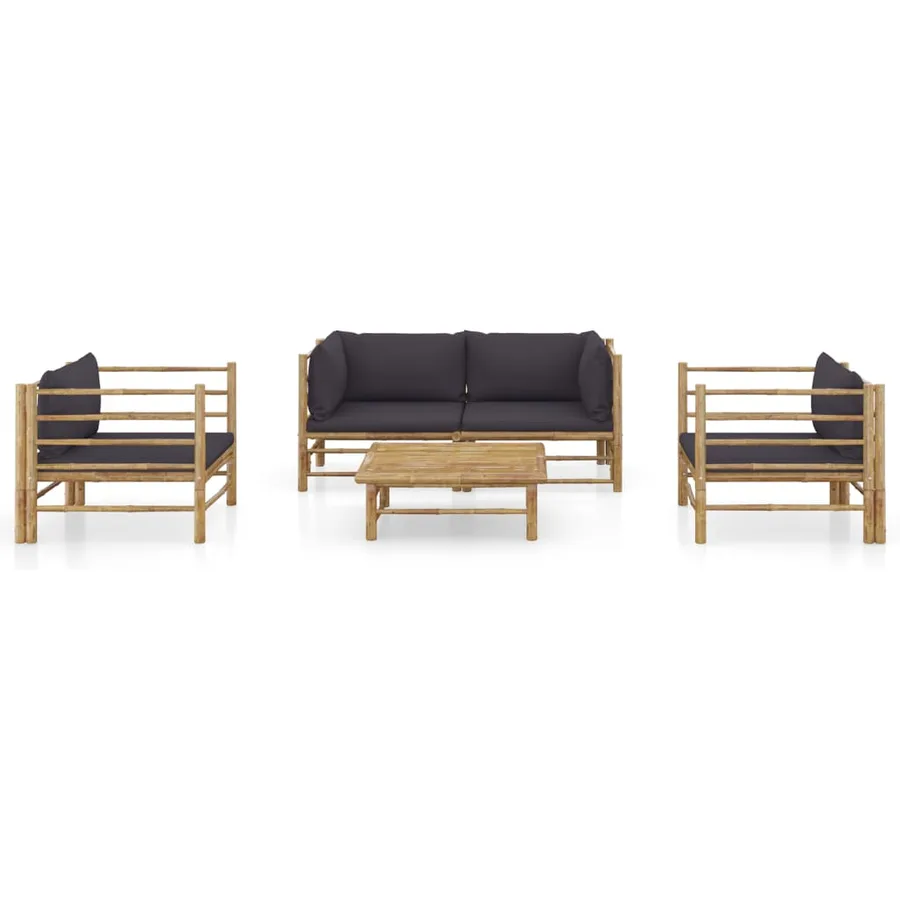 Salon de jardin 5 pcs avec coussins gris foncé bambou - 2