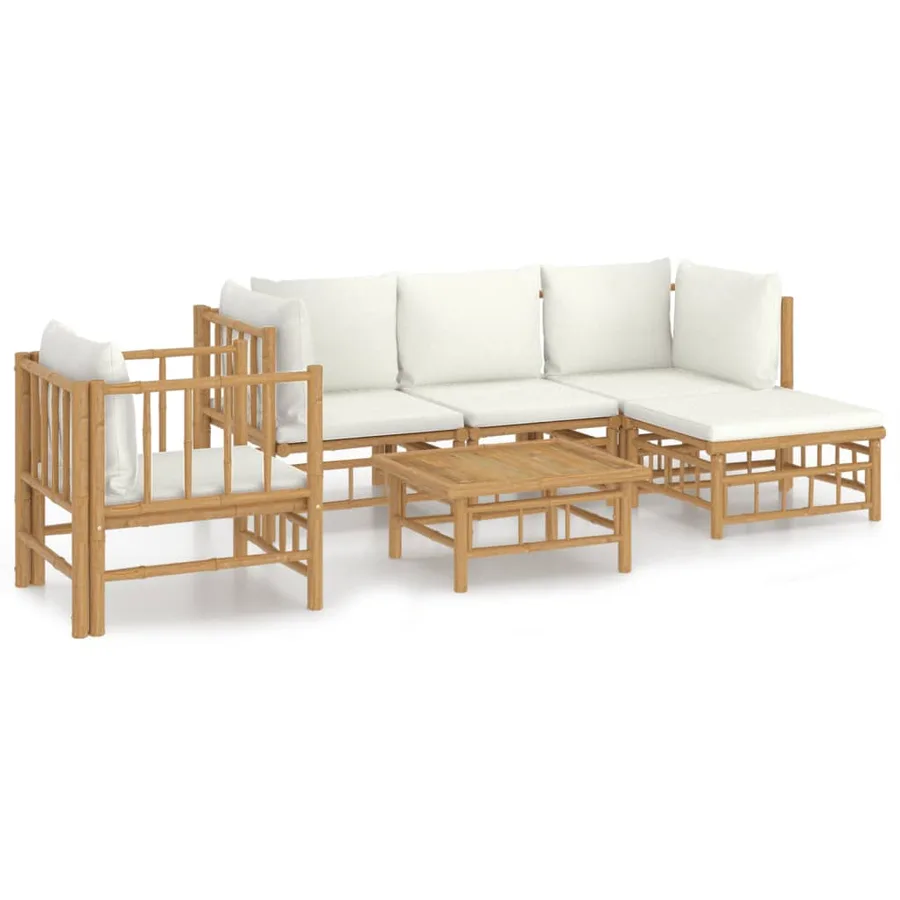 Salon de jardin 6 pcs avec coussins blanc crème bambou - 2