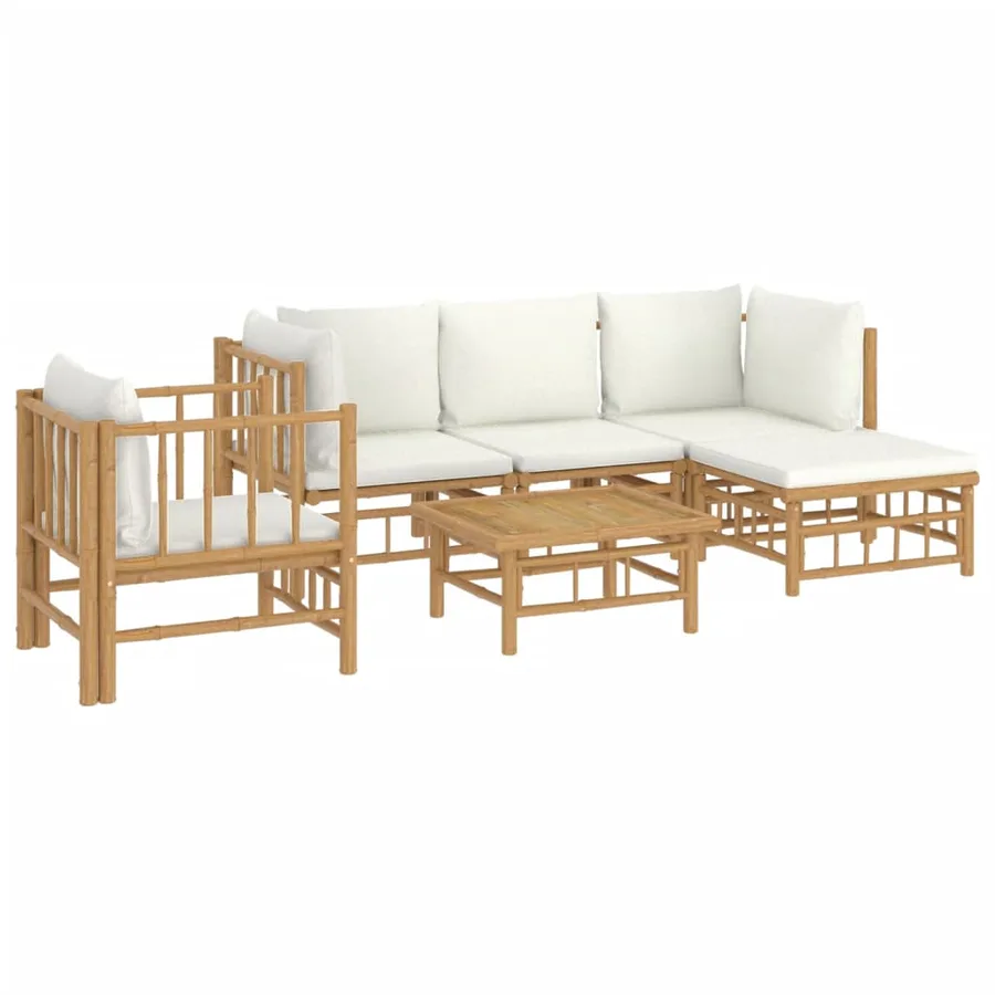 Salon de jardin 6 pcs avec coussins blanc crème bambou - 3