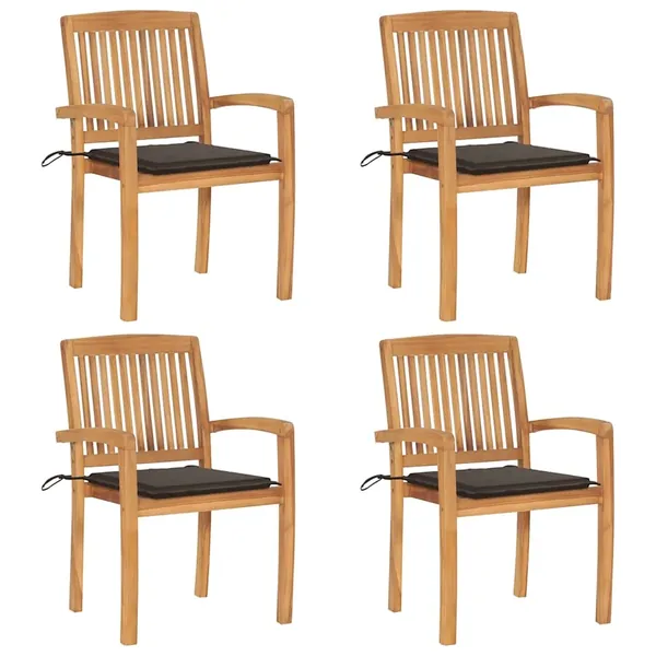 Chaises de jardin empilables avec coussins lot de 4 Teck solide