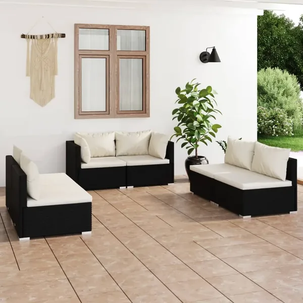 Salon de jardin 6 pcs avec coussins Résine tressée Noir