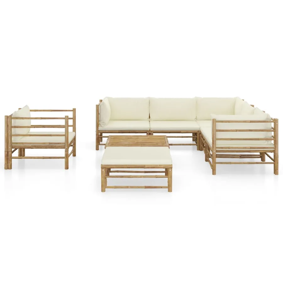 Salon de jardin 8 pcs avec coussins blanc crème bambou - 2