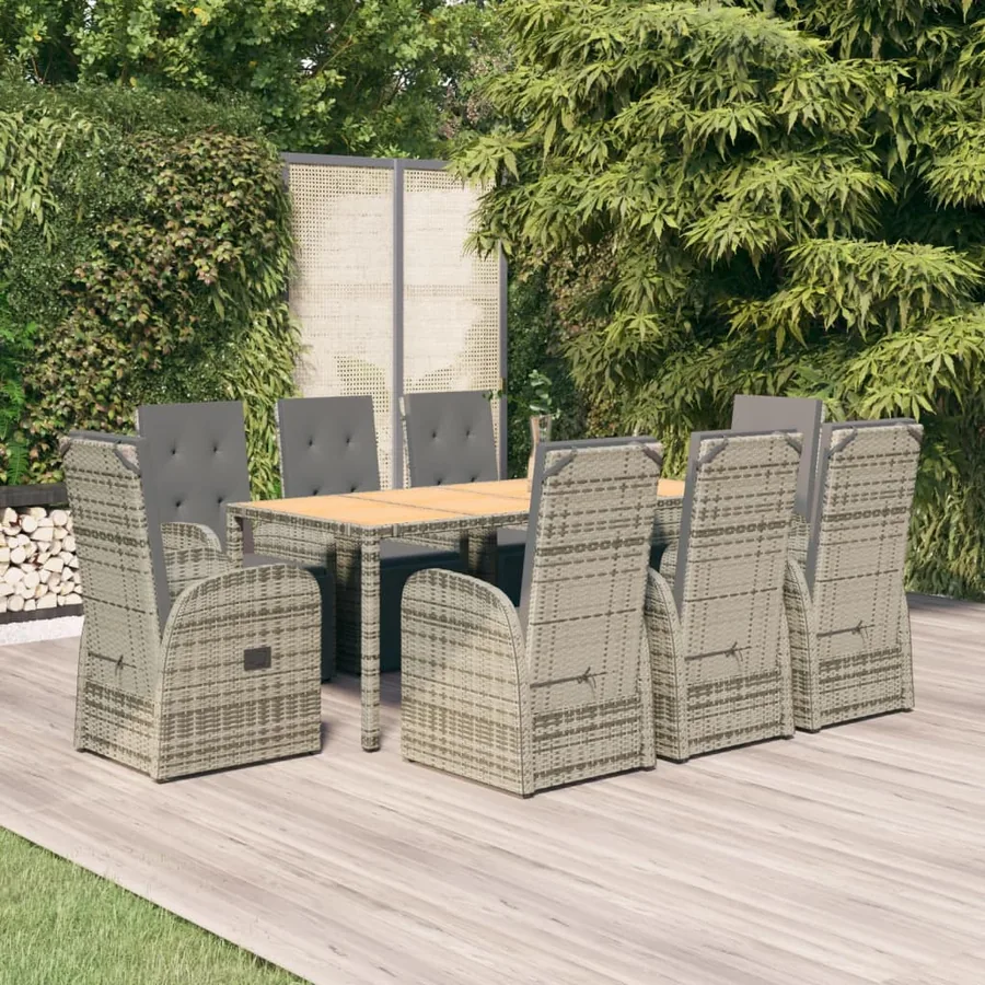 Ensemble à manger de jardin 9 pcs coussins gris résine tressée