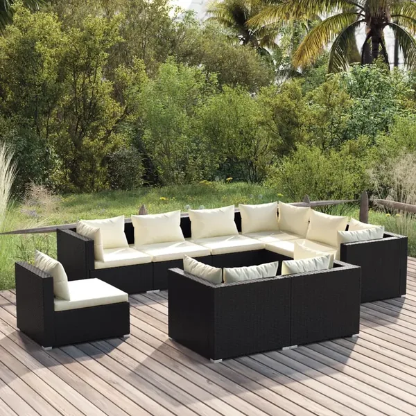 Salon de jardin 9 pcs avec coussins Résine tressée Noir