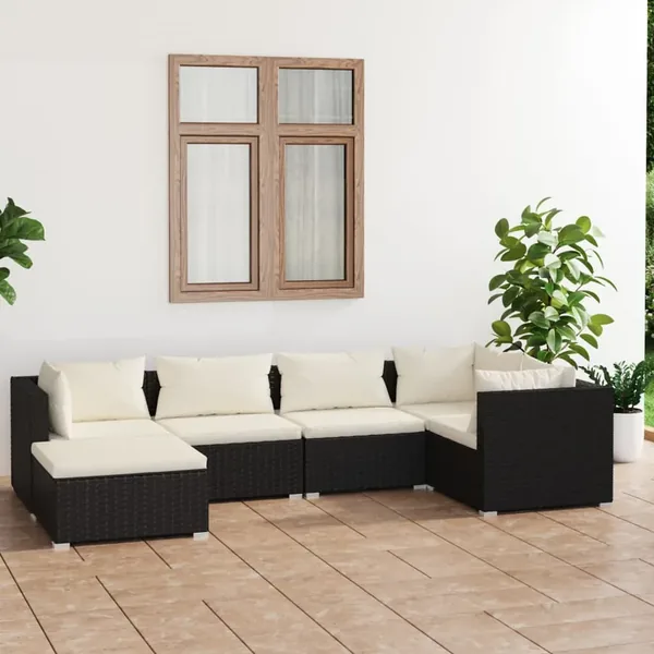 Salon de jardin 6 pcs avec coussins Résine tressée Noir