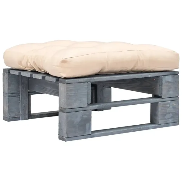 Repose-pied palette de jardin avec coussin en sable gris bois
