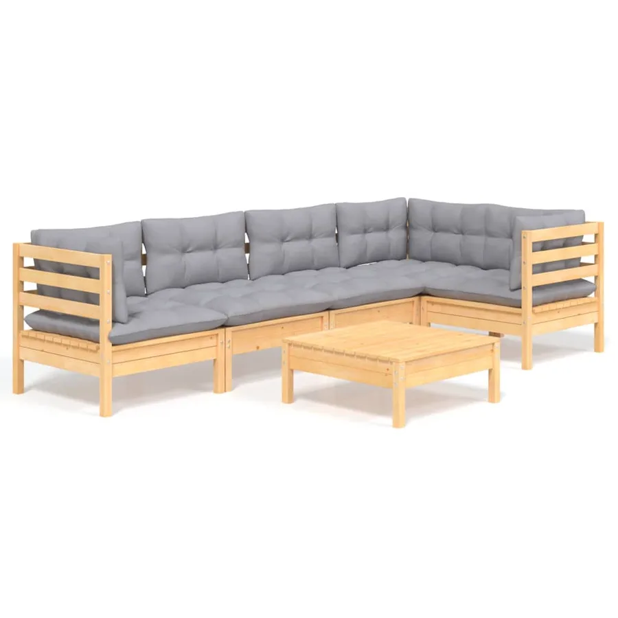 Salon de jardin 6 pcs avec coussins gris bois de pin - 2