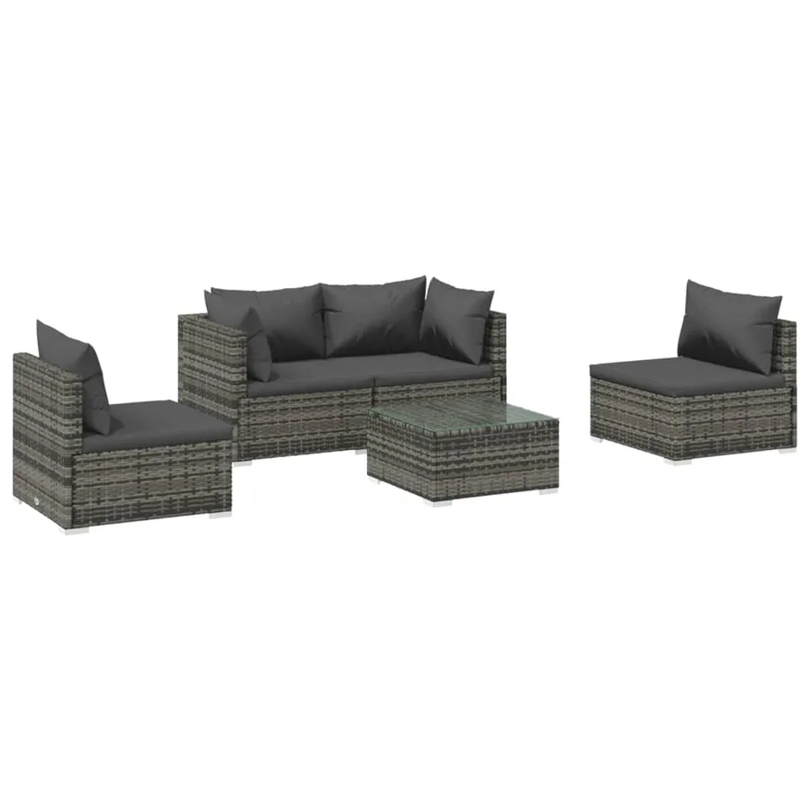 Salon de jardin 5 pcs avec coussins Résine tressée Gris - 2